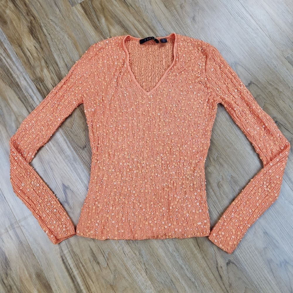 ☔️🍑Cyrus Orange Beaded & Sequined Long Sleeve Top Small